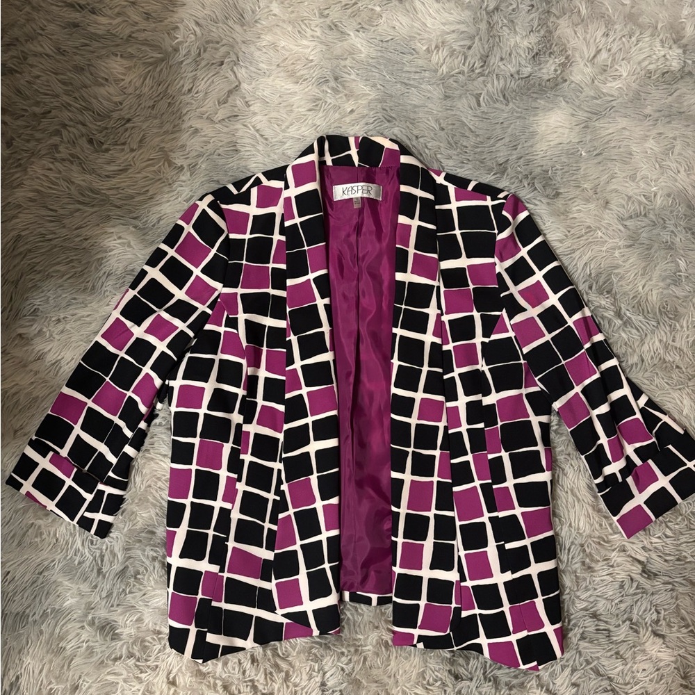 Kasper Black and Purple Blazer with Geometric Pattern
